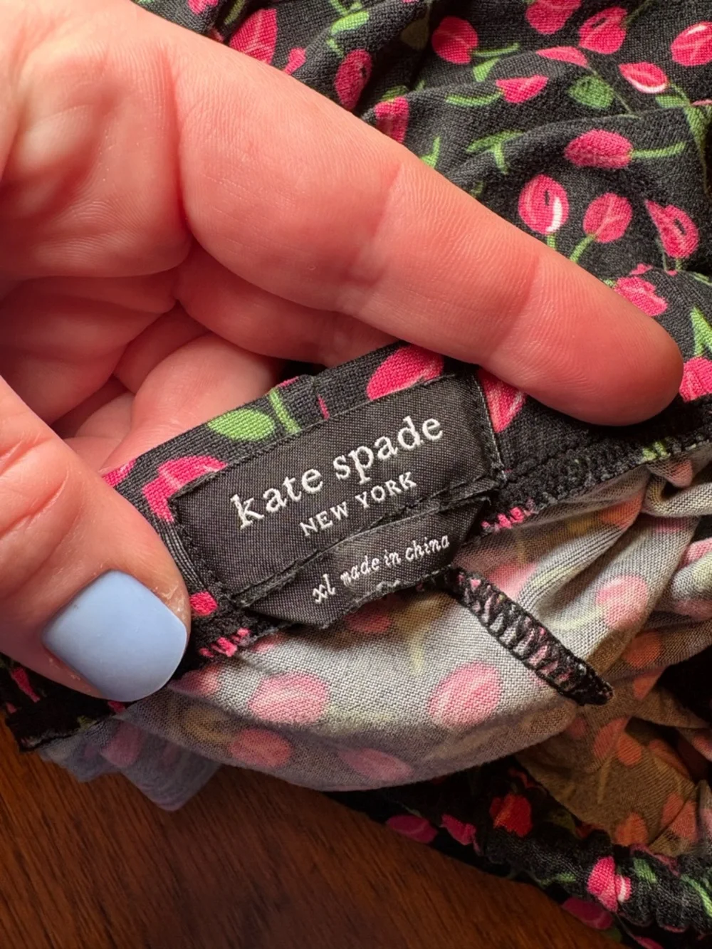 Kate Spade Cherry‎ Floral Pajama Set XL Black Pink 3/4 Sleeve Lounge Sleepwear